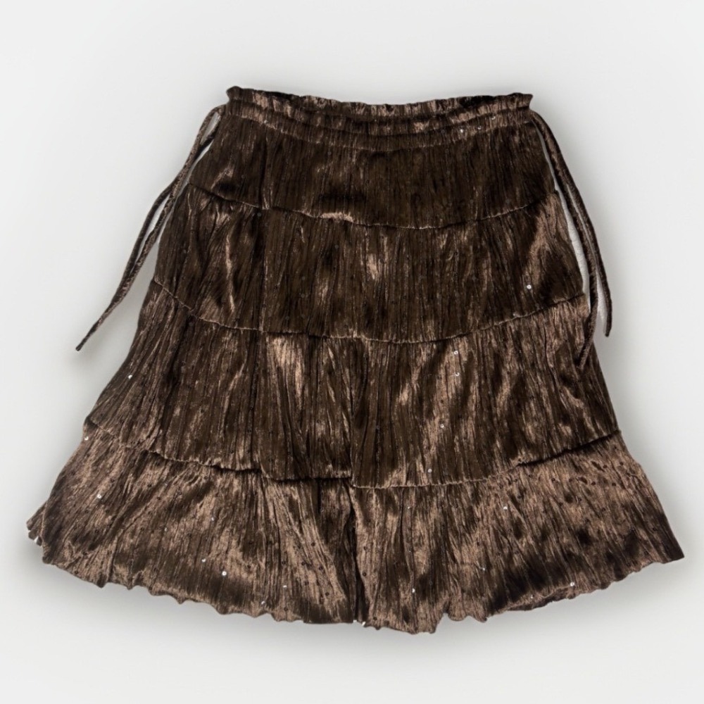 Star City Tiered Mini Skirt Womens Medium Brown Velvet Sequin Y2K Whimsigoth
